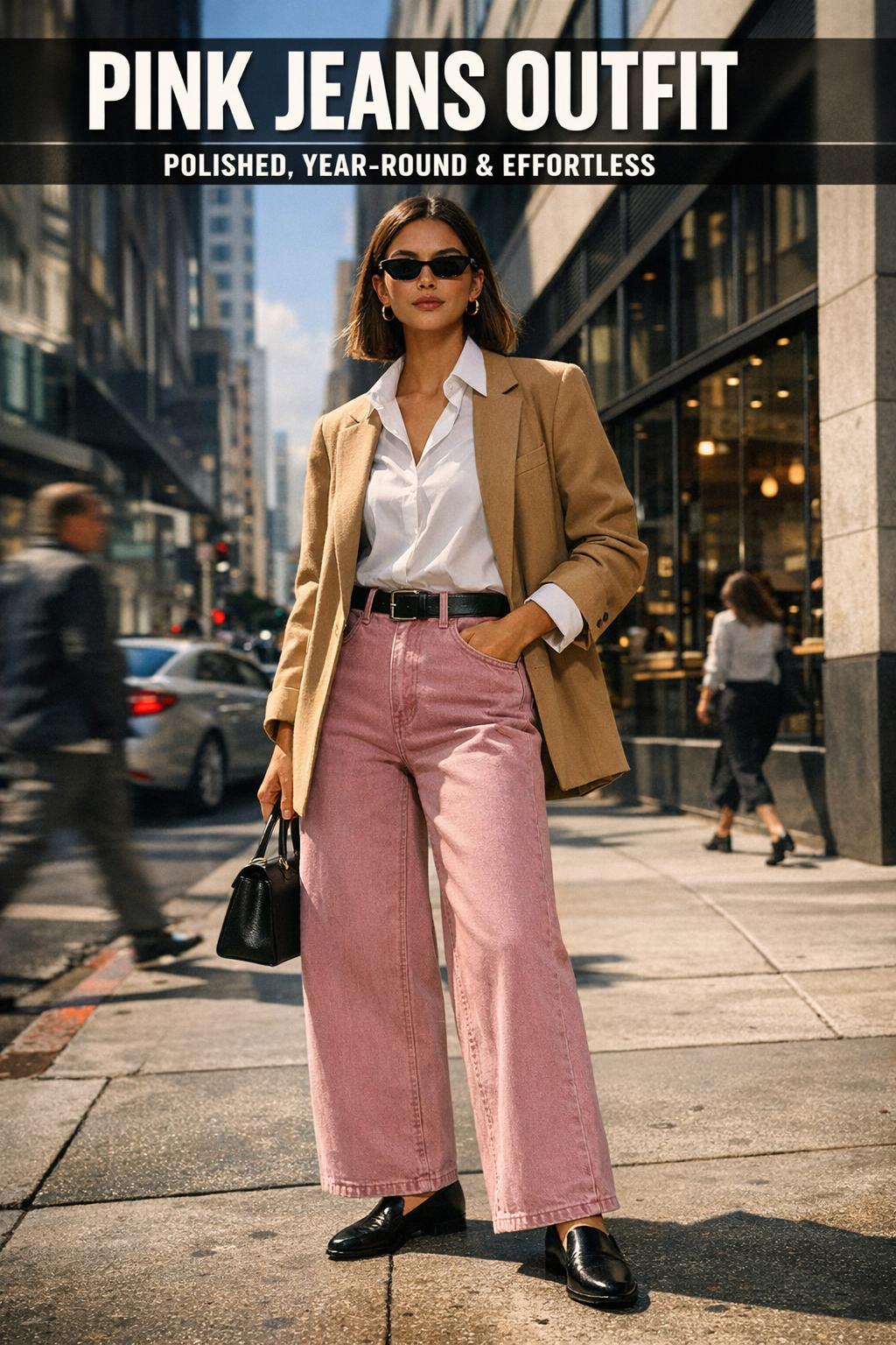 Pink jeans outfit styled with a white blouse and sneakers in a bright street setting