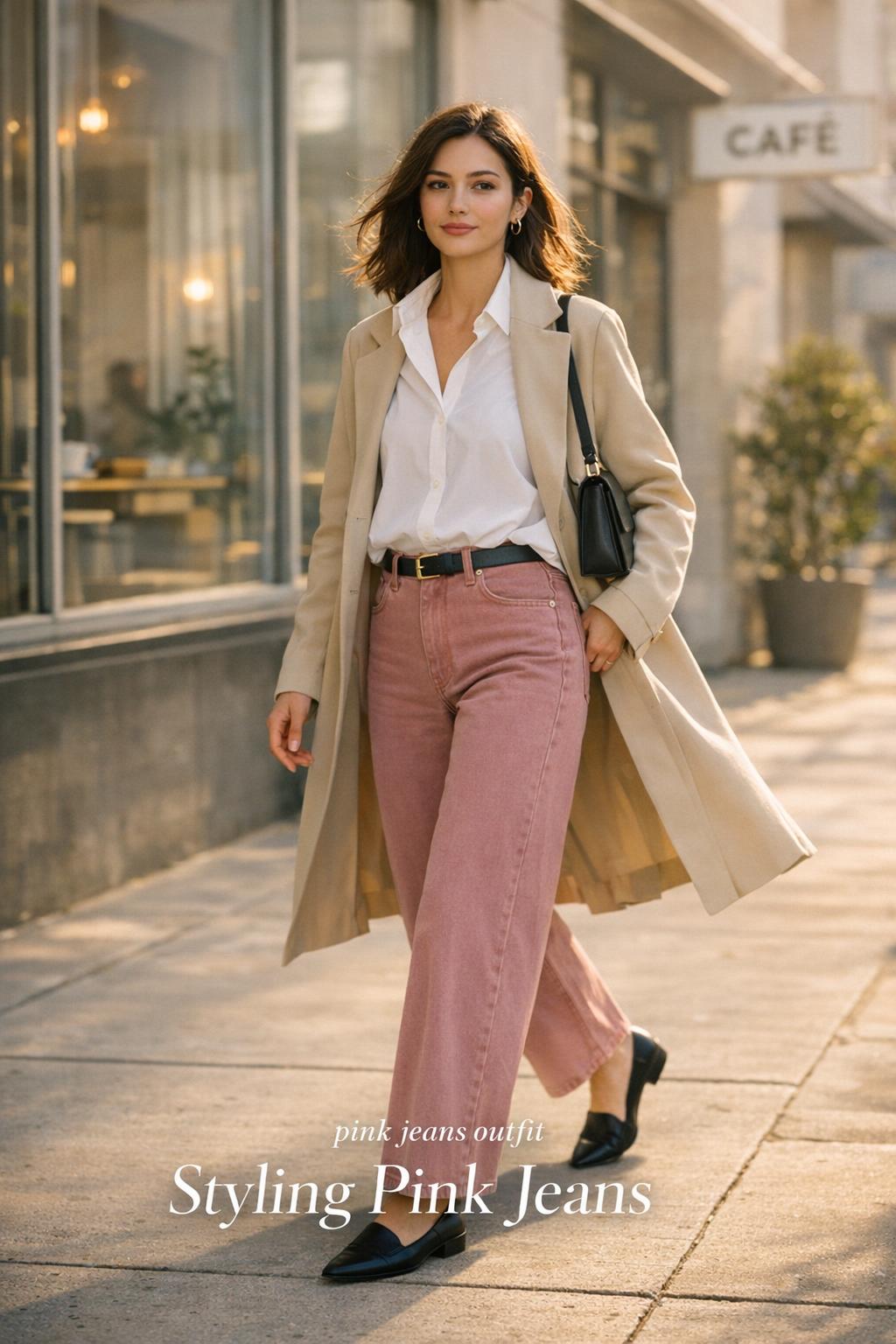 Pink jeans outfit on a stylish woman walking outside a modern cafe in golden morning light, trench coat and loafers