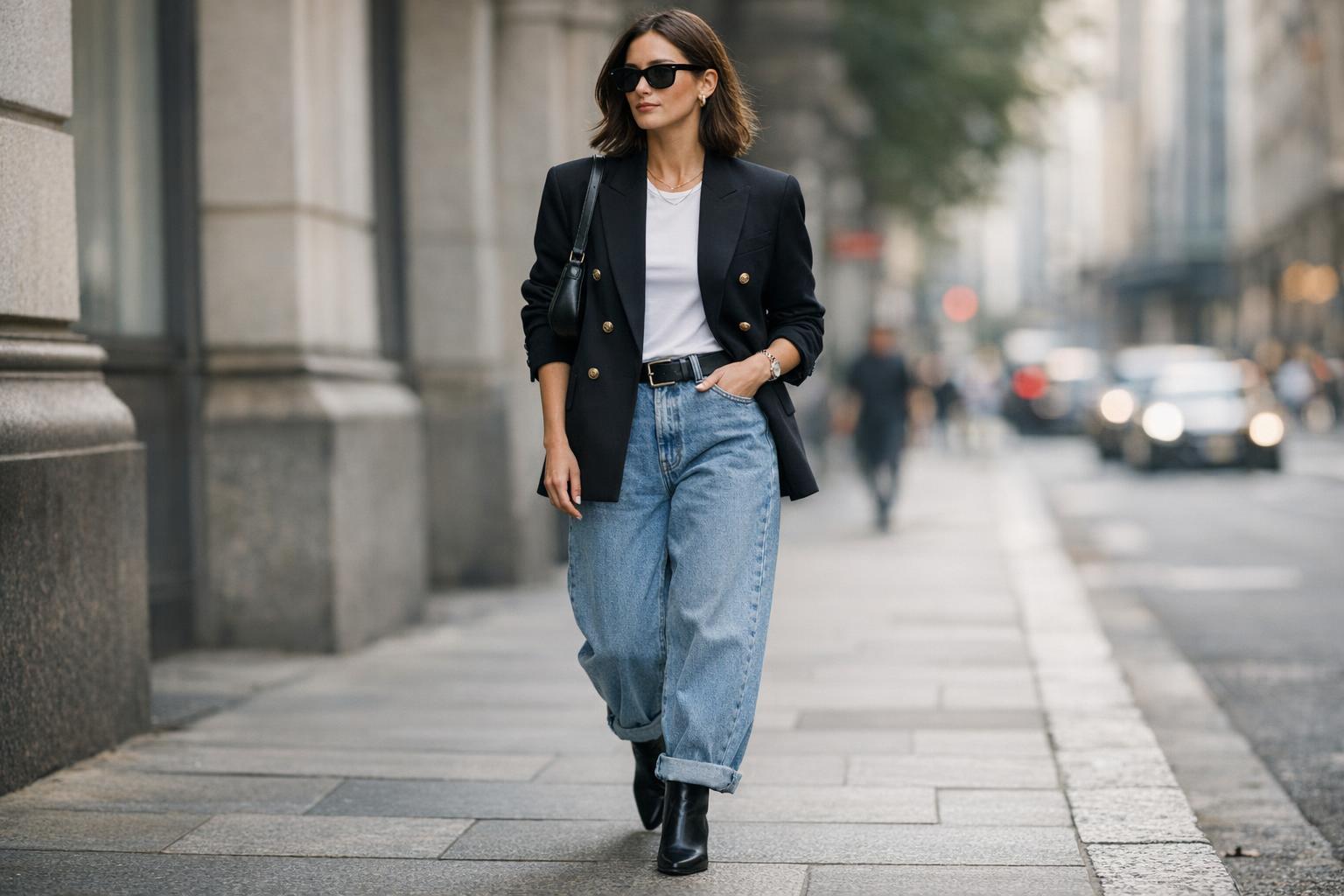 Polished ’90s Loose Jeans Outfit for City Street Style