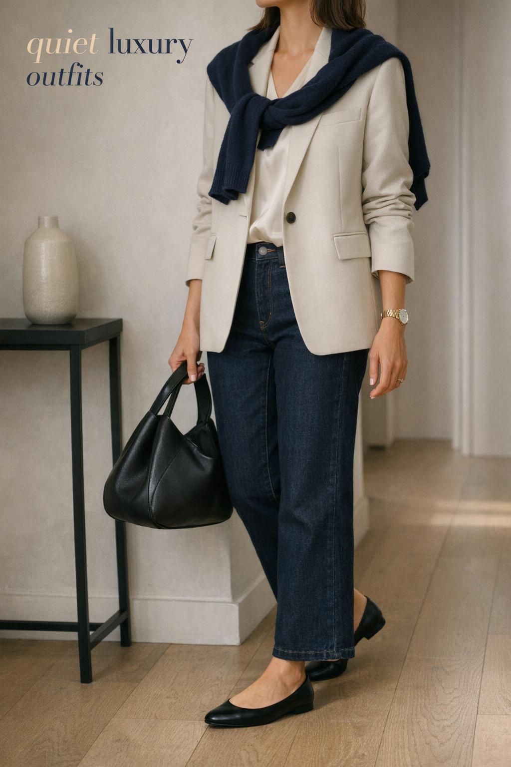 Quiet luxury outfits in a minimalist city entryway, featuring a tailored cream blazer, dark denim, and black flats