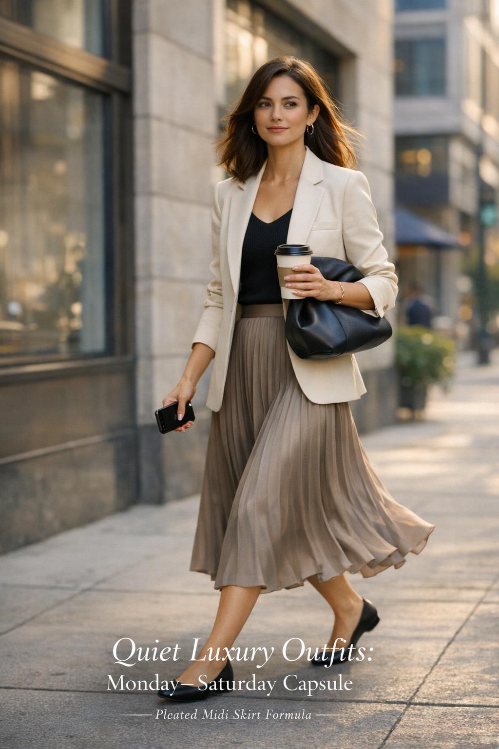 Quiet luxury outfits featuring a woman in a cream blazer and taupe pleated midi skirt walking on a city sidewalk at golden hour