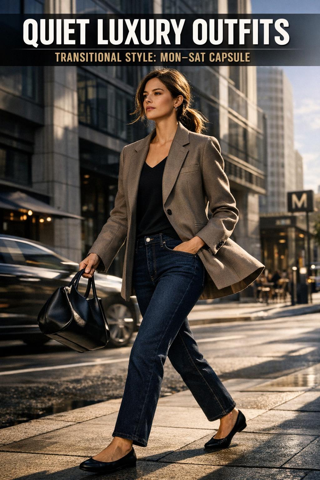 Quiet luxury outfits styled in neutral tones with tailored pieces and minimalist accessories in a refined street photo