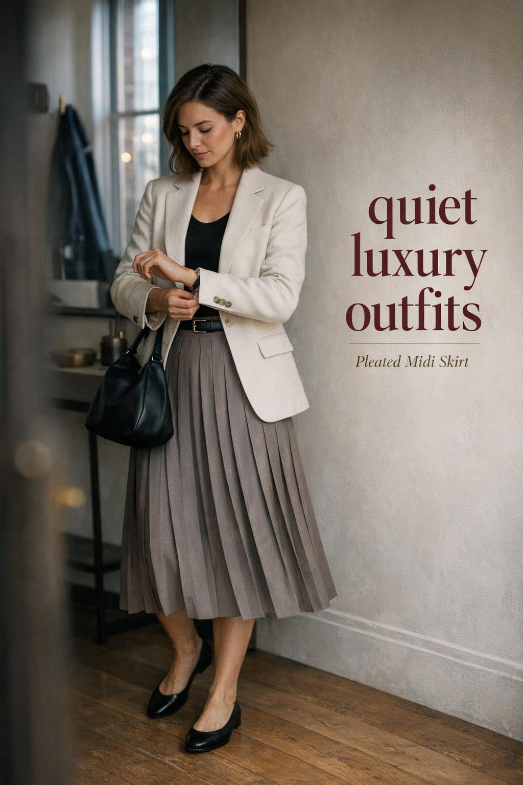 quiet luxury outfits with a woman in a taupe pleated midi skirt and cream blazer in a sunlit city entryway
