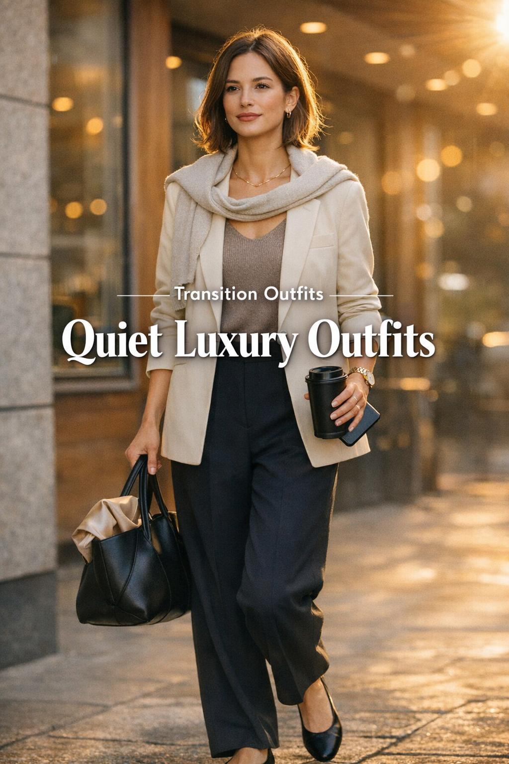 Quiet luxury outfits: woman in cream blazer and navy trousers walking outside a modern cafe in warm golden-hour light