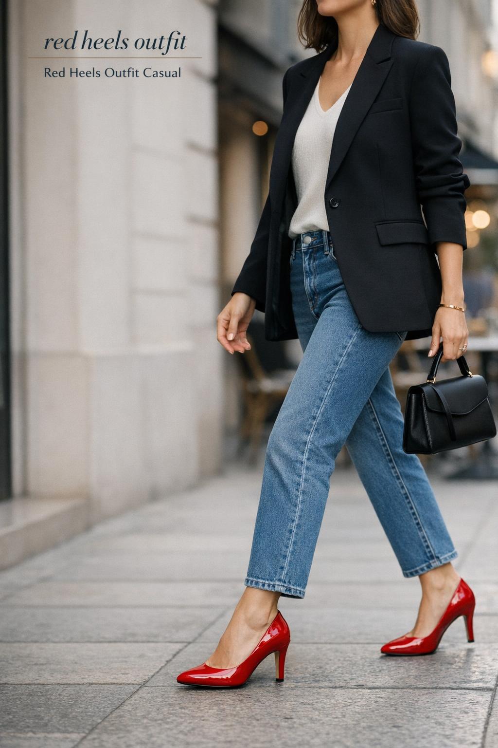 Red heels outfit with black blazer, ivory top and straight-leg denim on a European street in soft evening light