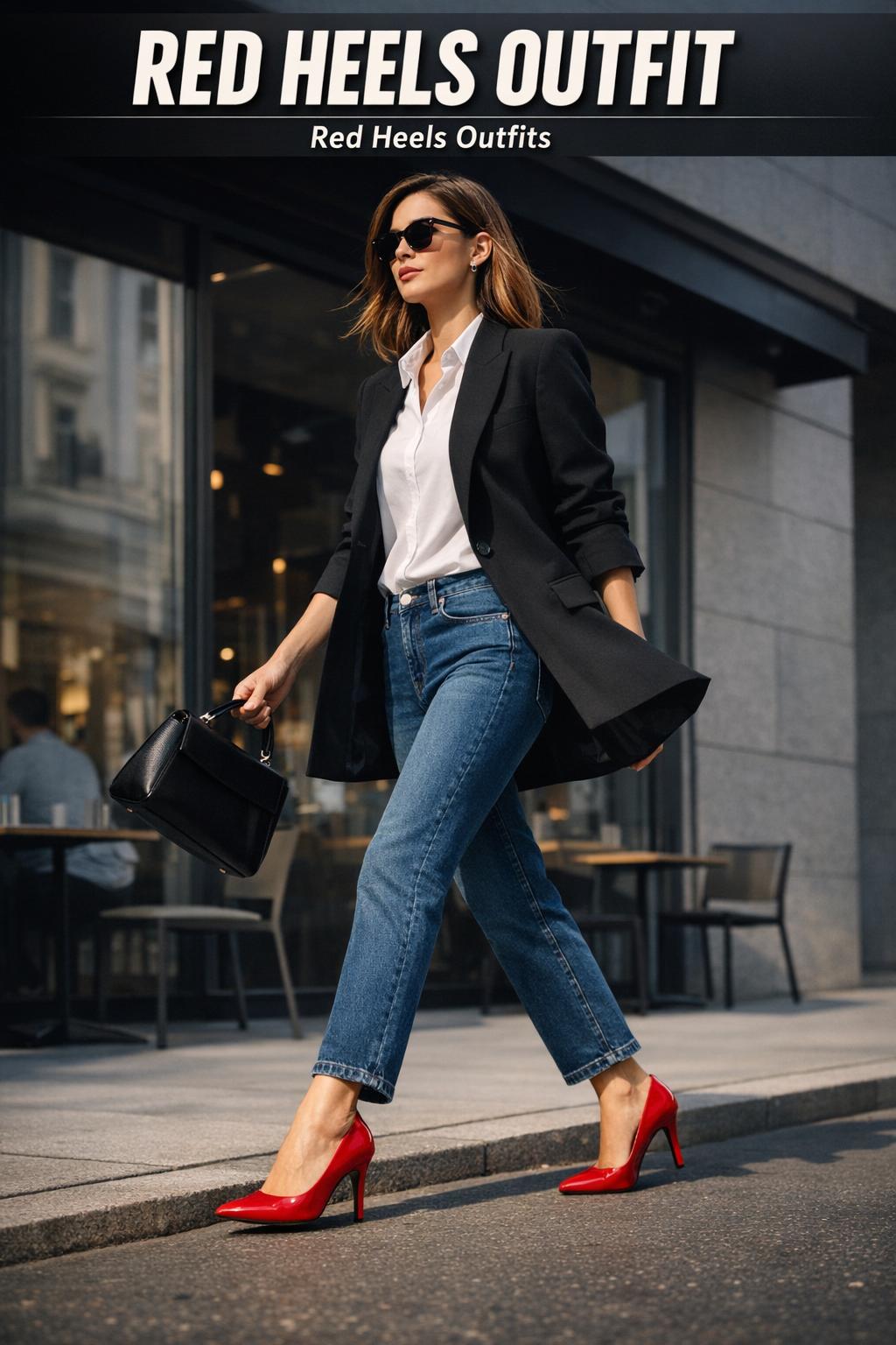 Red heels outfit styled with an elegant evening look, showcasing glossy red high heels in a chic setting.