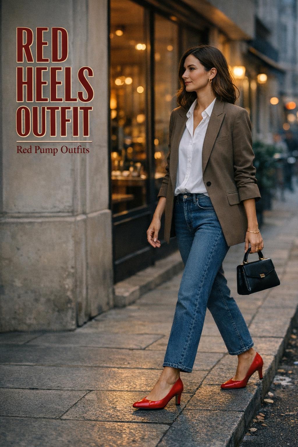 Red heels outfit on a stylish woman walking past a minimalist European cafe at dusk, wearing blazer, denim and red pumps