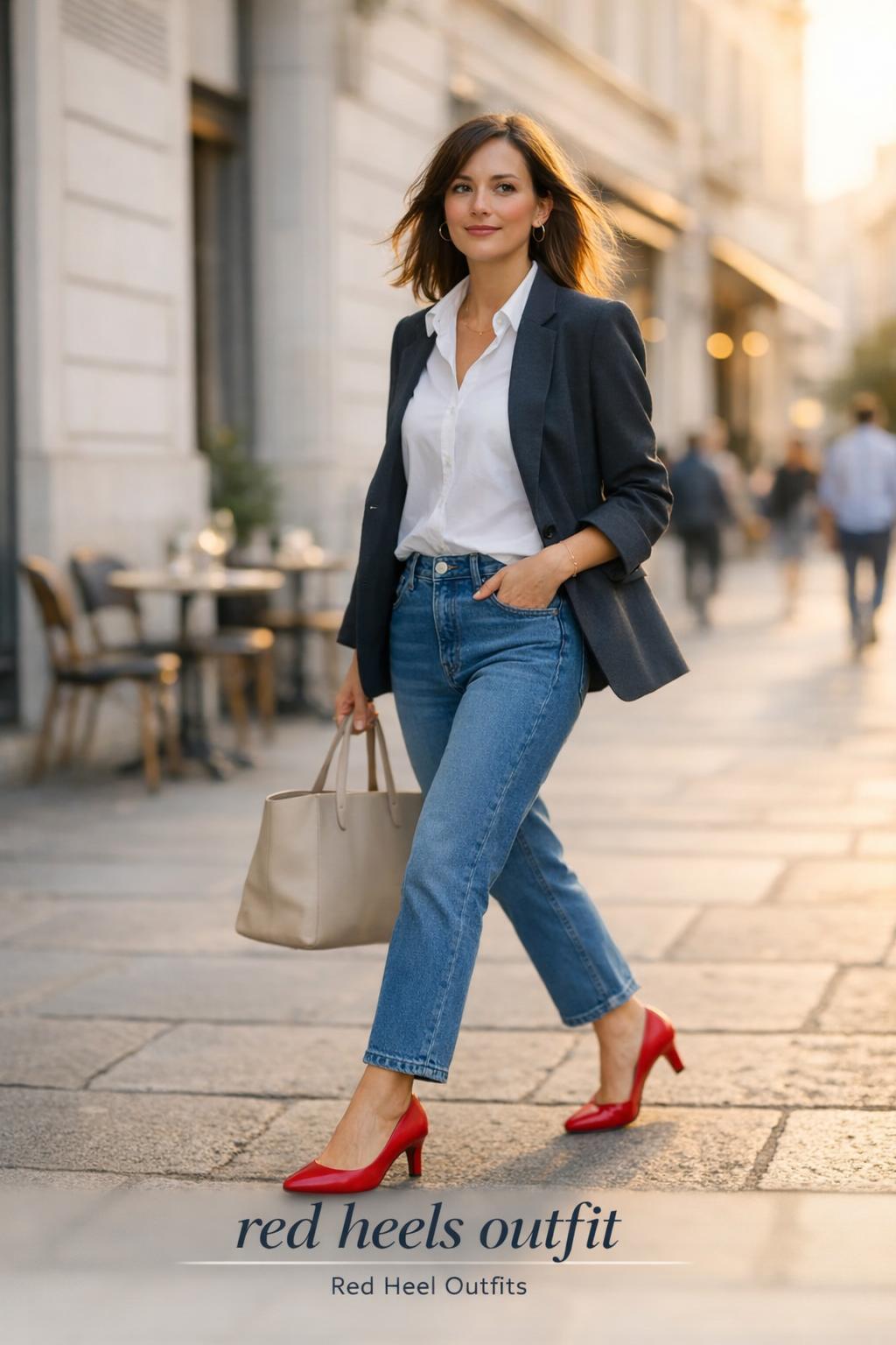 Stylish woman walking on a European street in blazer and denim with vivid red heels outfit, soft golden-hour light