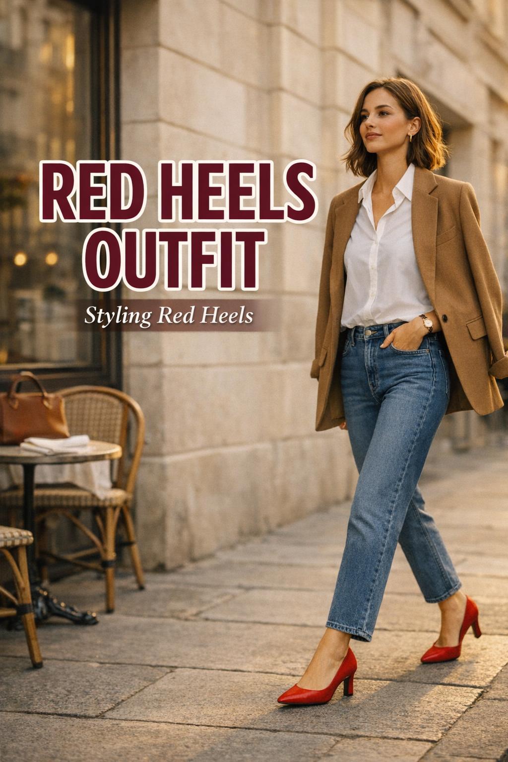 Red heels outfit street style in warm golden-hour light, woman in blazer and jeans walking by a modern European cafe