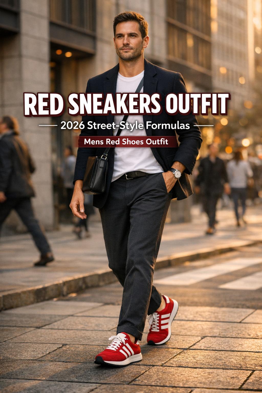 Red sneakers outfit street-style look on a city crosswalk at golden hour, cherry-red trainers with black trousers and blazer.
