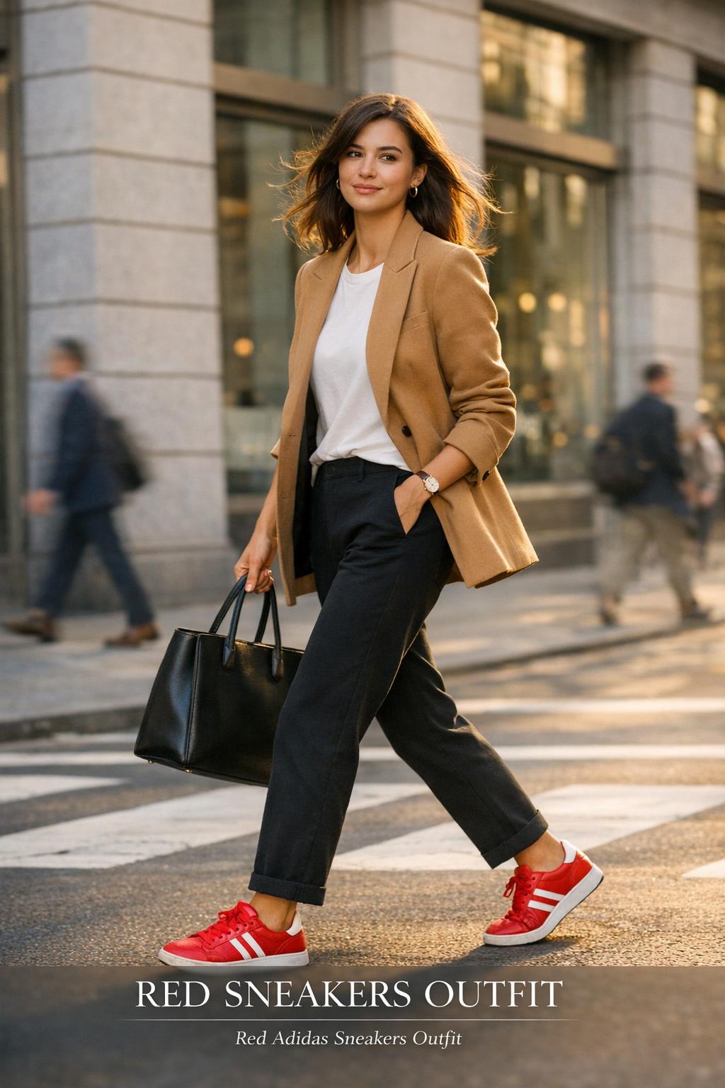 Red sneakers outfit on a stylish woman walking in a bright city street, wearing a blazer, white tee, and black trousers