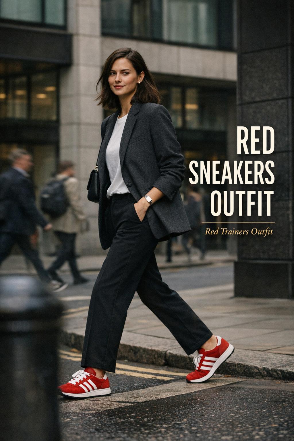 London street-style photo of a stylish adult mid-stride in blazer and trousers, featuring a red sneakers outfit with text overlay