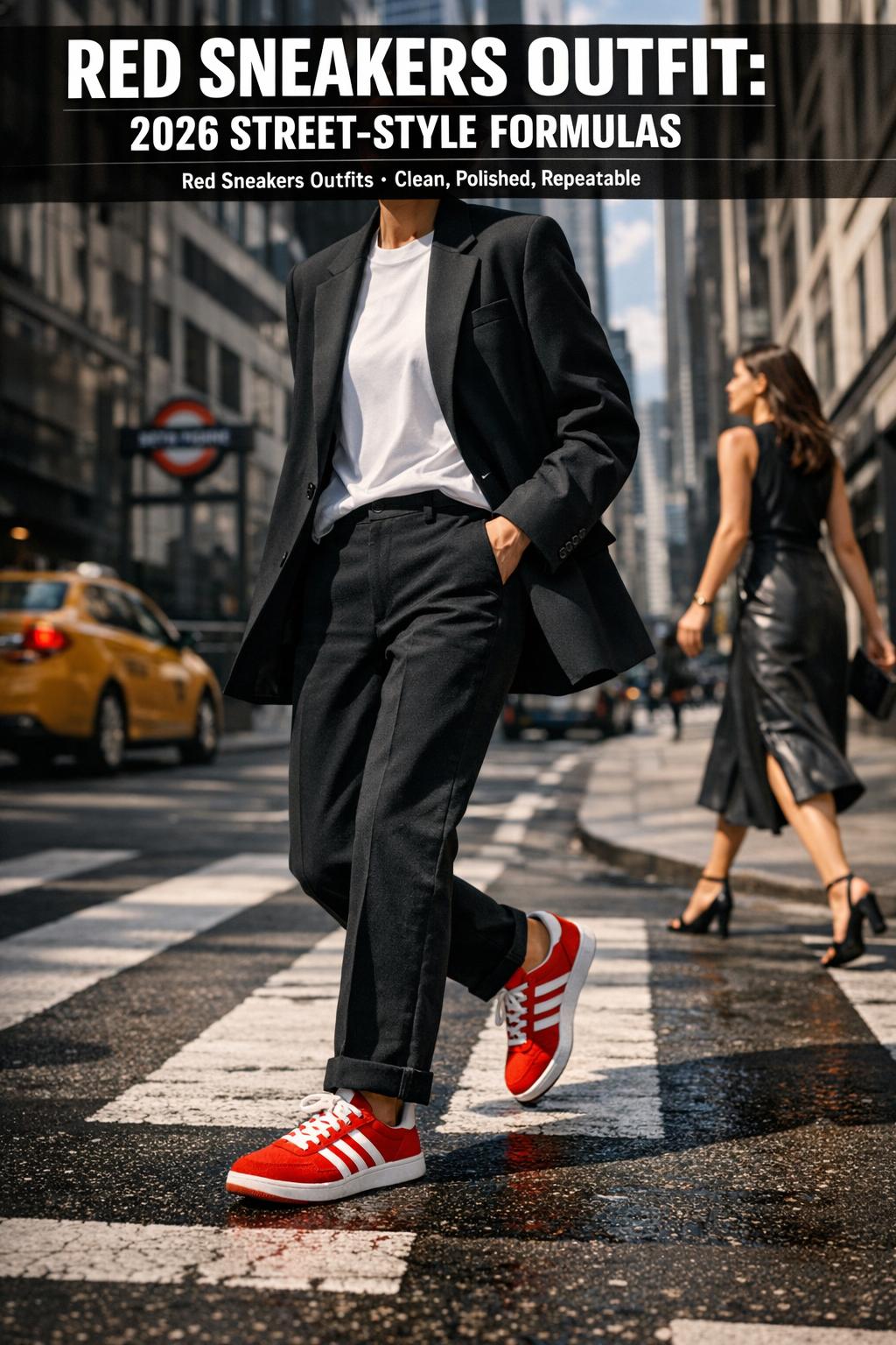 Street-style red sneakers outfit with casual denim and neutral layers