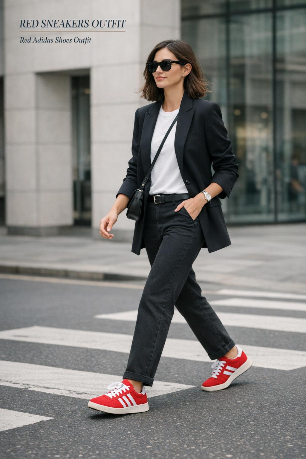 Red sneakers outfit street style with cherry-red trainers, black trousers and white tee in a clean modern city scene
