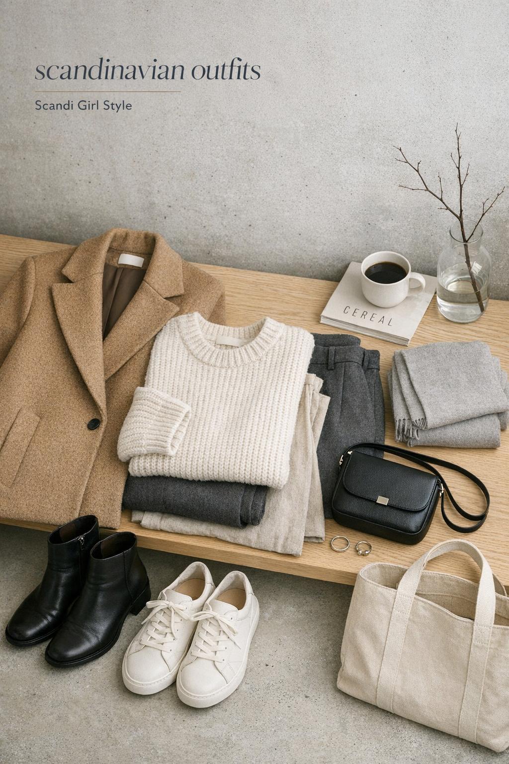 Scandinavian outfits capsule wardrobe flat lay with camel coat, knit sweater, trousers, boots, and minimalist accessories