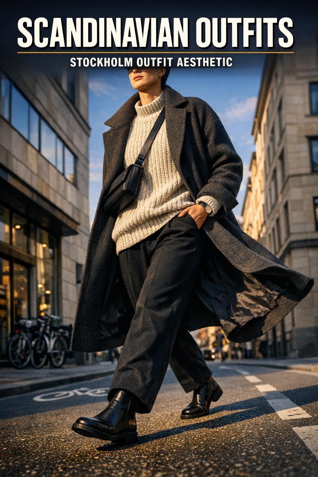 Scandinavian outfits photographed on stylish people in a minimalist Nordic street setting with neutral layers and boots