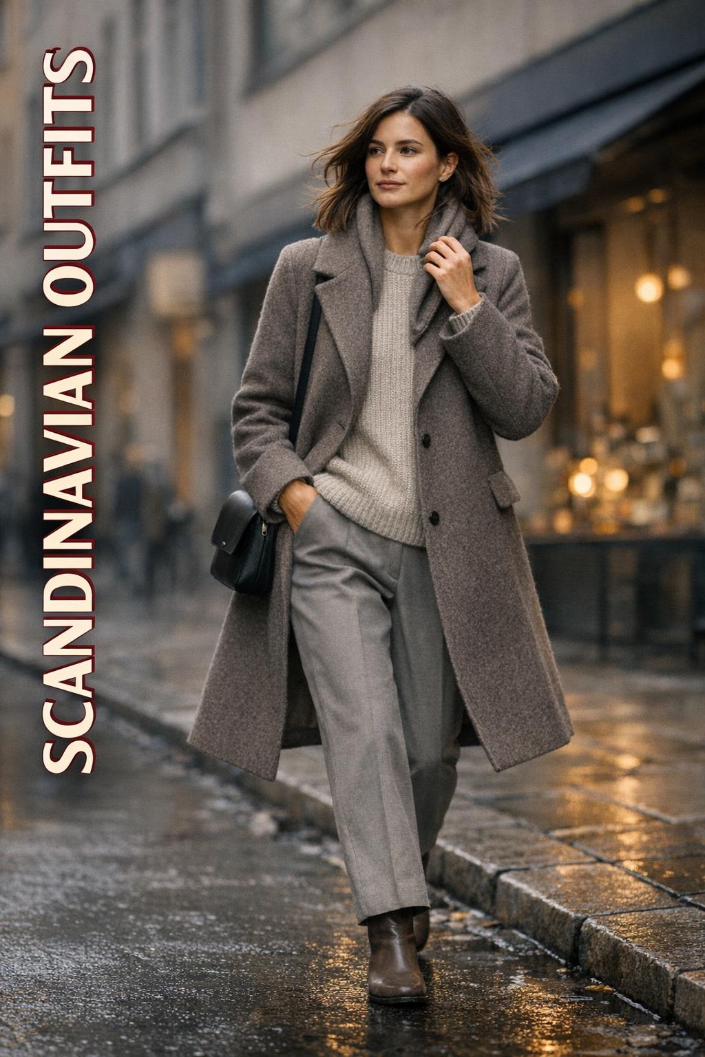 Scandinavian outfits street style: woman in wool coat walking on a Nordic city street with bold vertical text overlay