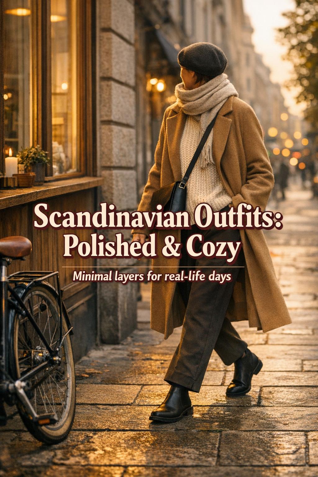 Scandinavian outfits street style in golden-hour city commute, minimalist wool coat by cafe and bicycle with text overlay