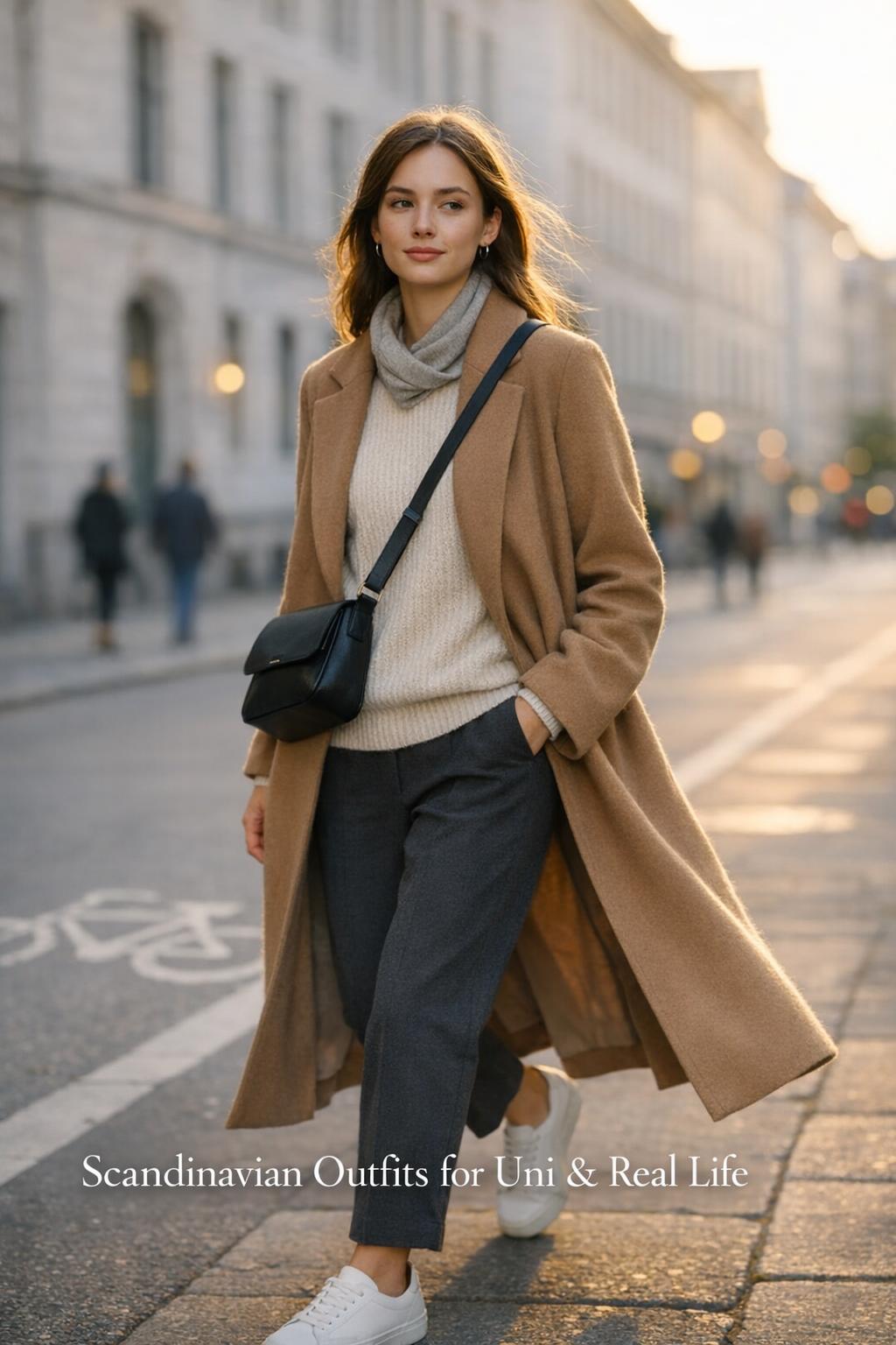 Scandinavian outfits for uni: student in camel wool coat walking on a Nordic city street at golden hour