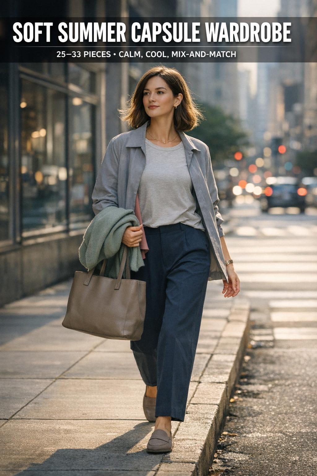 Soft summer capsule wardrobe with light neutral outfits neatly arranged on hangers in a bright, airy closet