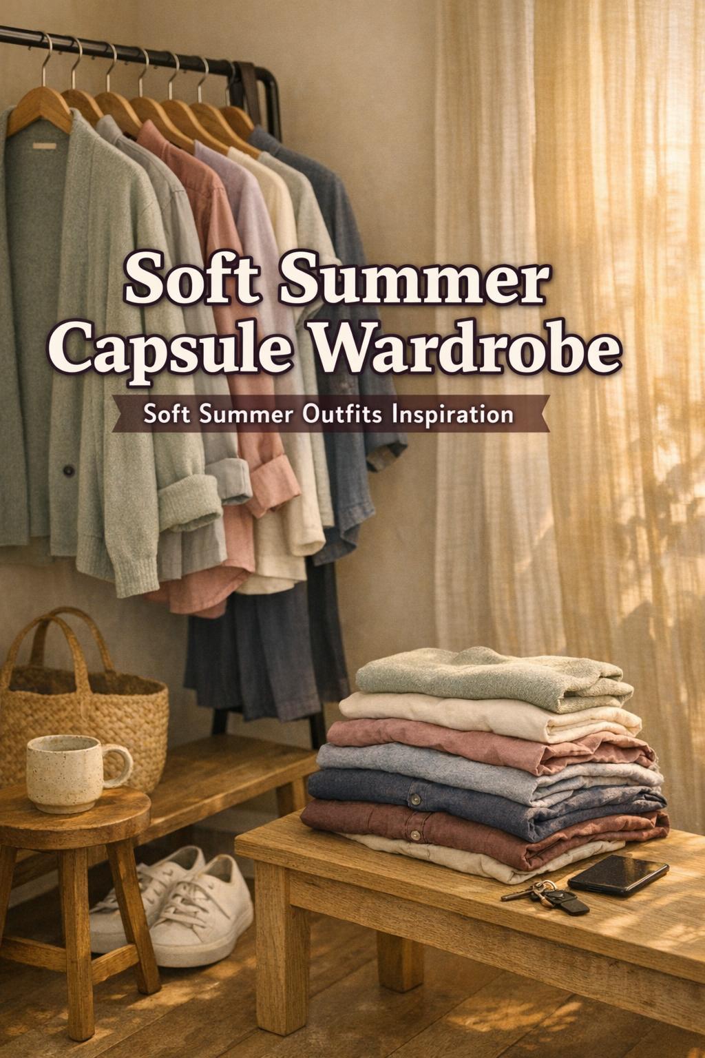 Soft summer capsule wardrobe on a minimal clothing rack in warm bedroom light, with tonal tops, trousers, and accessories