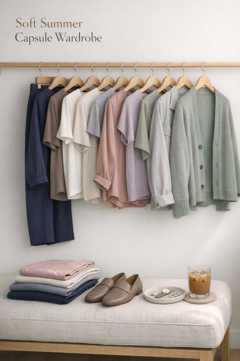 Soft summer capsule wardrobe on a minimalist rack with smoky gray outfits, neutral sandals, and jewelry in soft daylight