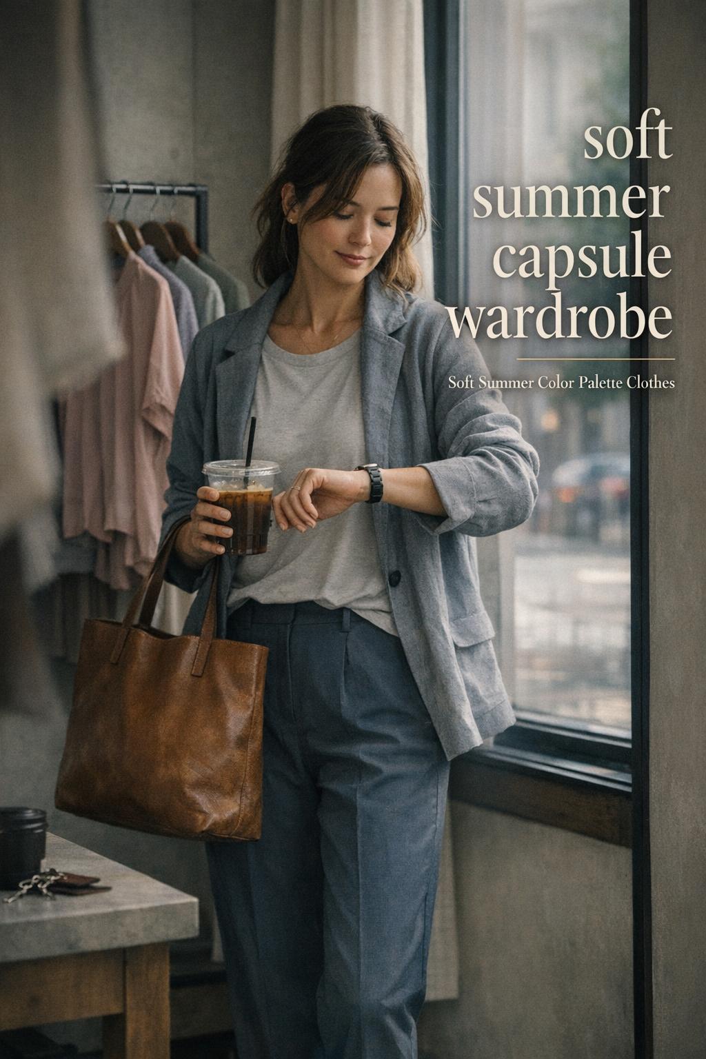 Soft summer capsule wardrobe in a minimal entryway: woman with tote and iced coffee in muted capsule outfit by window light.