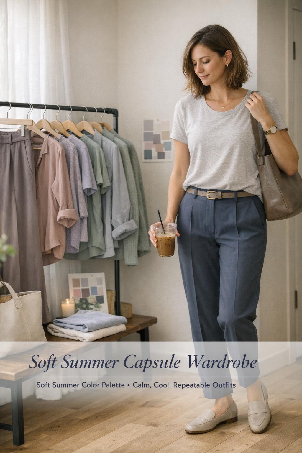 Stylish woman in modern entryway with muted cool rack, soft summer capsule wardrobe outfit and palette board in window light