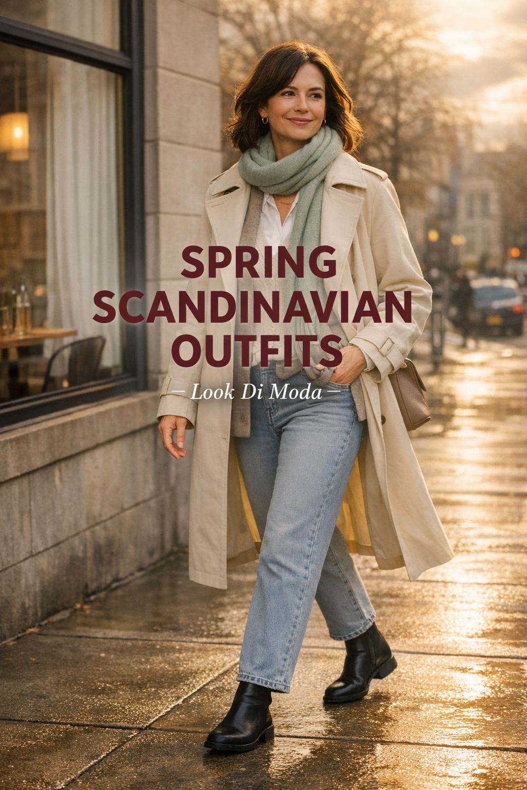 Spring Scandinavian outfits street style with woman in beige trench by cafe window on damp city sidewalk at golden hour