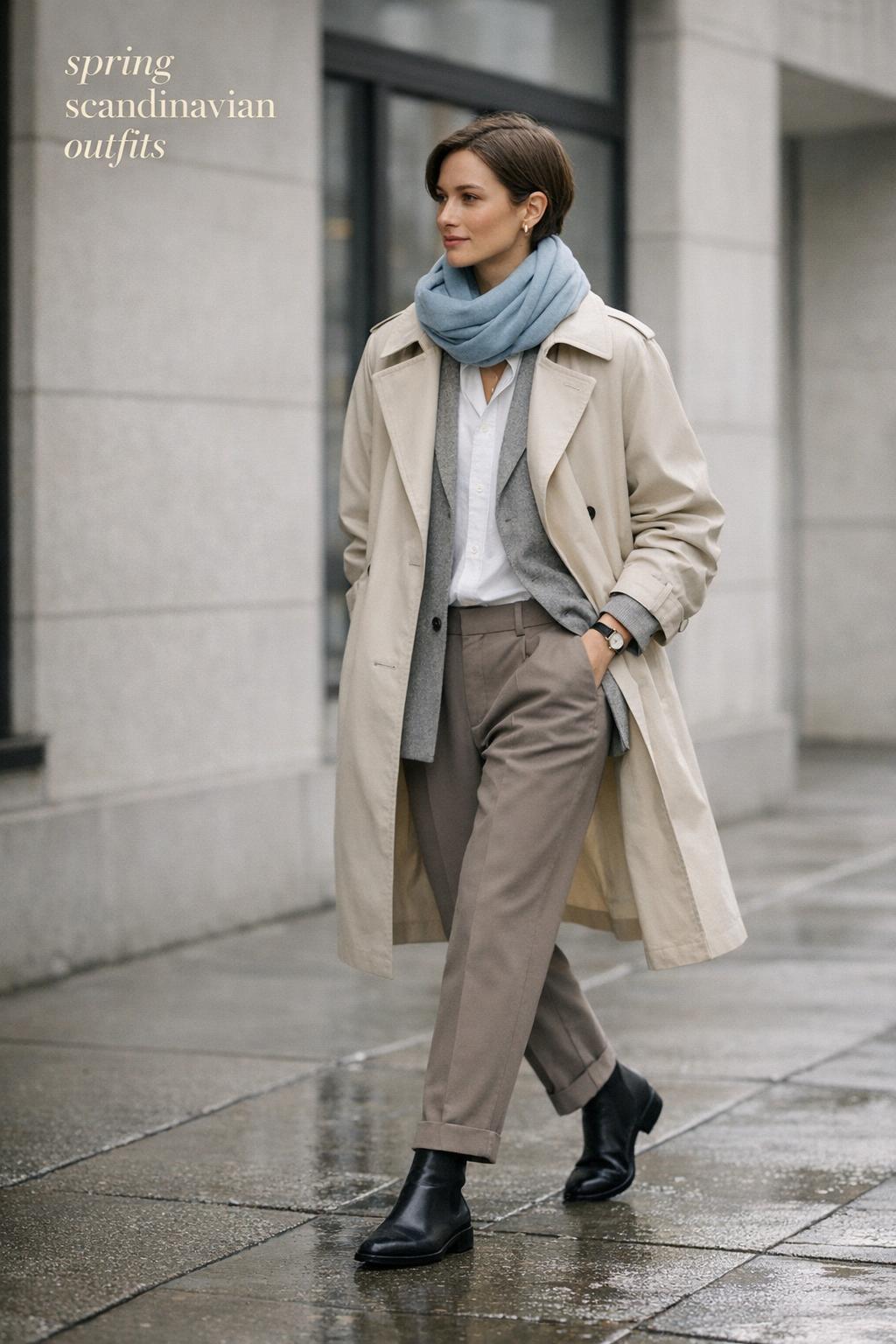 Spring scandinavian outfits street style with beige trench, white shirt, taupe trousers and pastel blue scarf on a damp city sidewalk