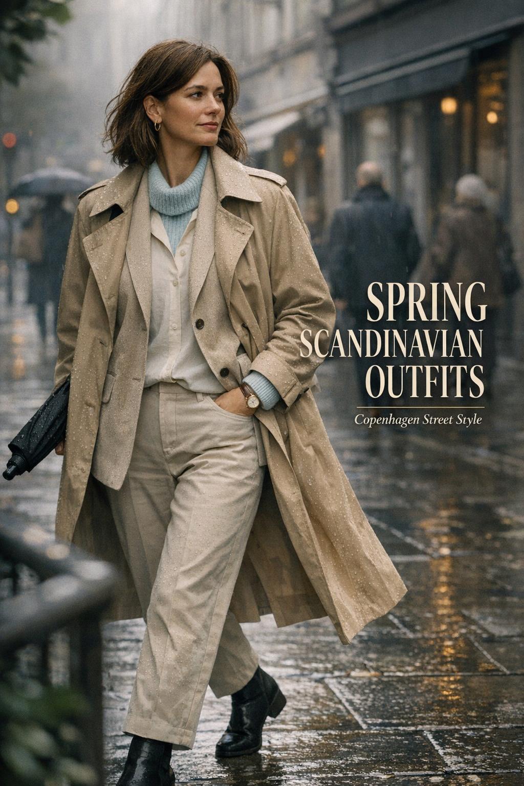 Spring Scandinavian outfits street style in a rainy city, woman in neutral trench with pastel scarf walking on wet pavement
