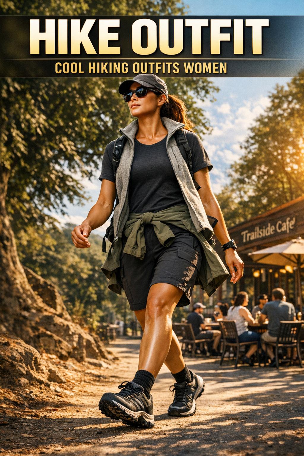 Stylish hike outfit on a scenic mountain trail during golden hour