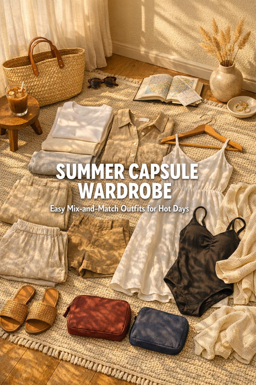 Summer capsule wardrobe essentials laid out on a neutral rug in a sunlit bedroom, with sandals, tote, and iced coffee