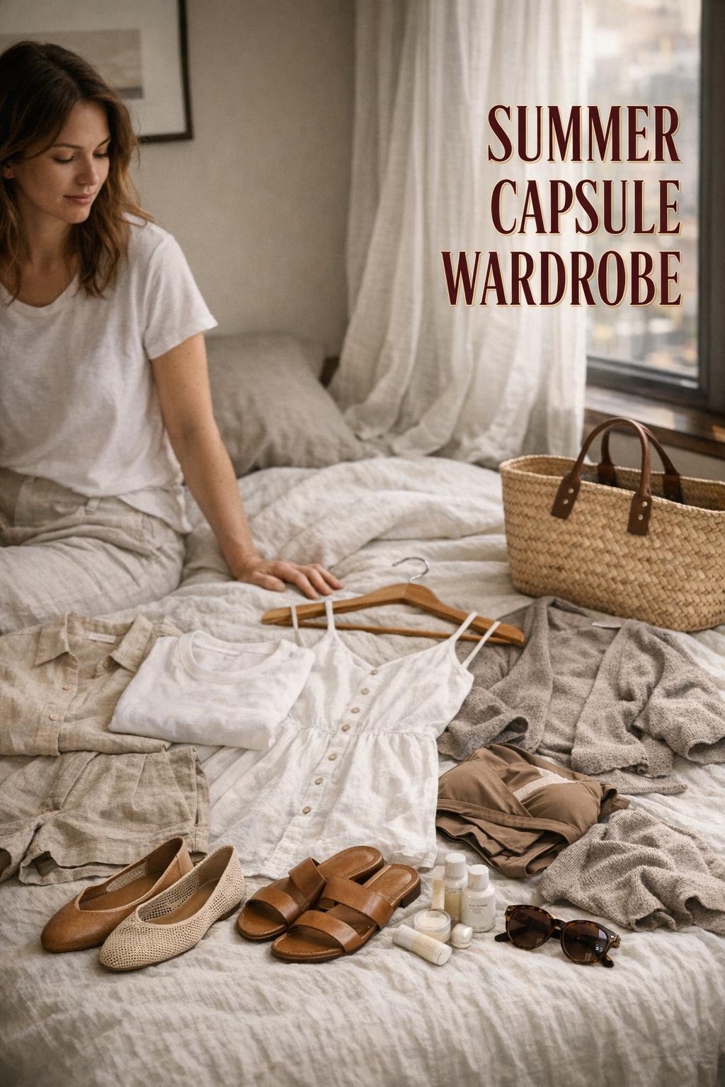 Summer capsule wardrobe laid out on a white linen bed with neutral outfits, sandals, tote, sunglasses, and skincare by window light