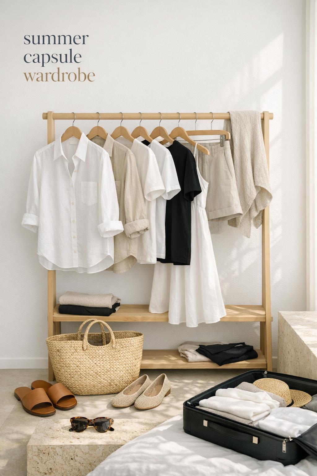 Sunlit minimalist bedroom clothing rack styled as a summer capsule wardrobe with linen basics, sandals, tote and suitcase