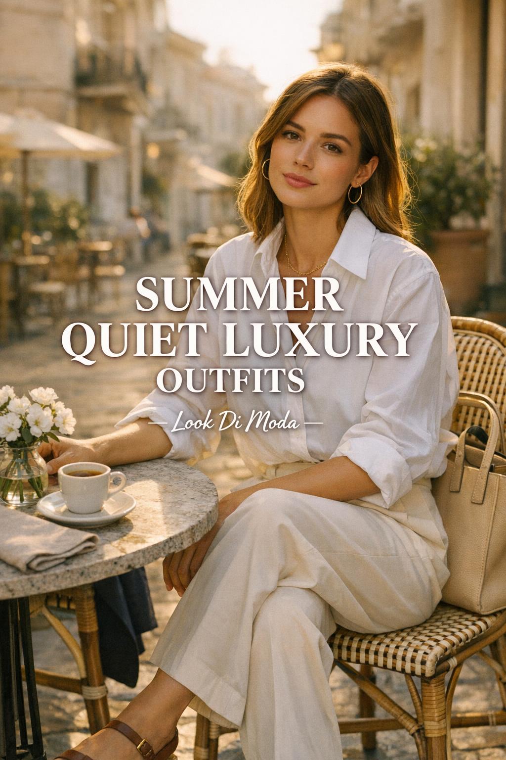 Summer quiet luxury outfits on a European café terrace at golden hour with a stylish woman in white shirt and cream trousers