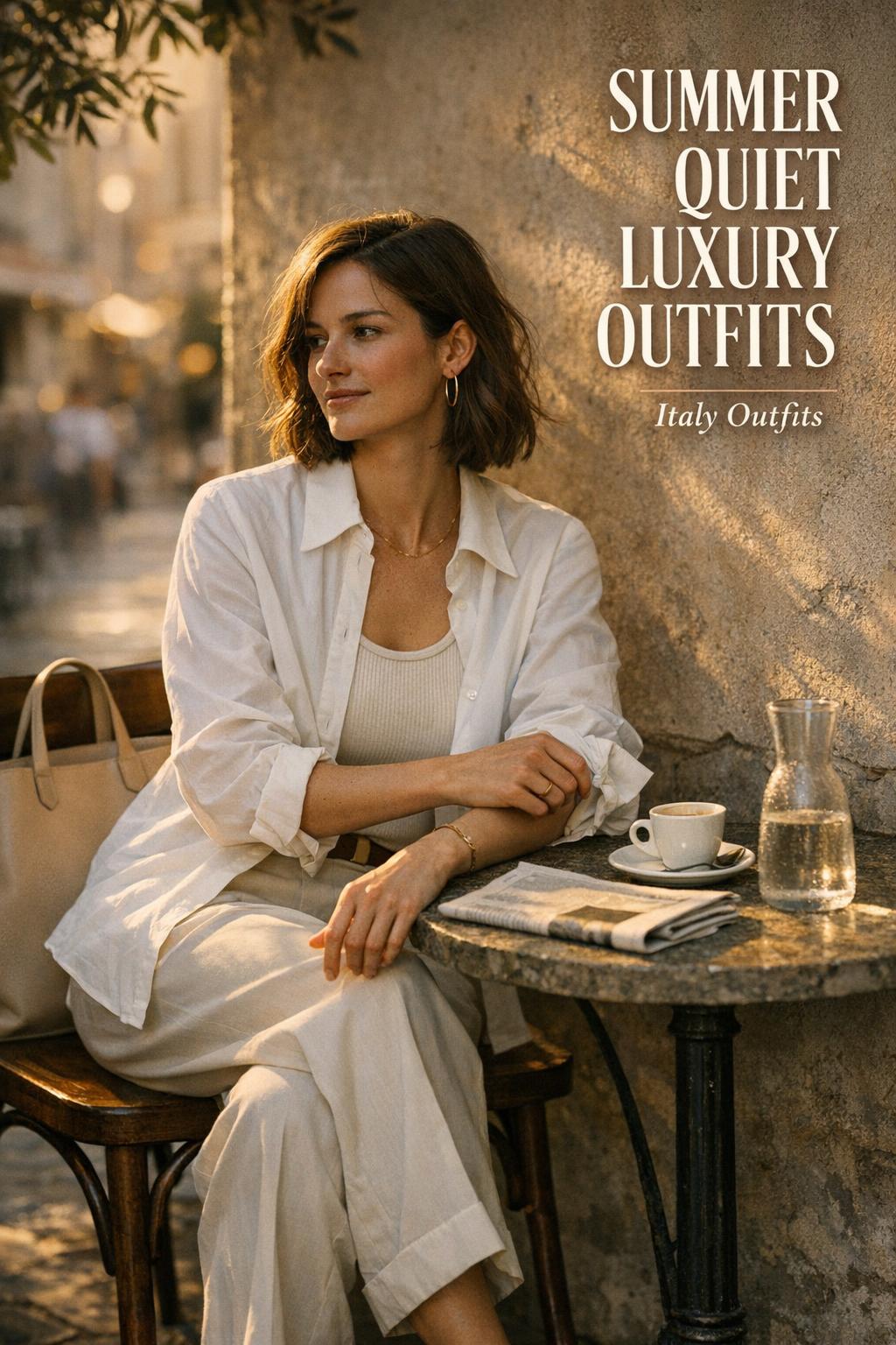 Summer quiet luxury outfits at an Italian café terrace, stylish woman in white shirt and cream trousers at golden hour