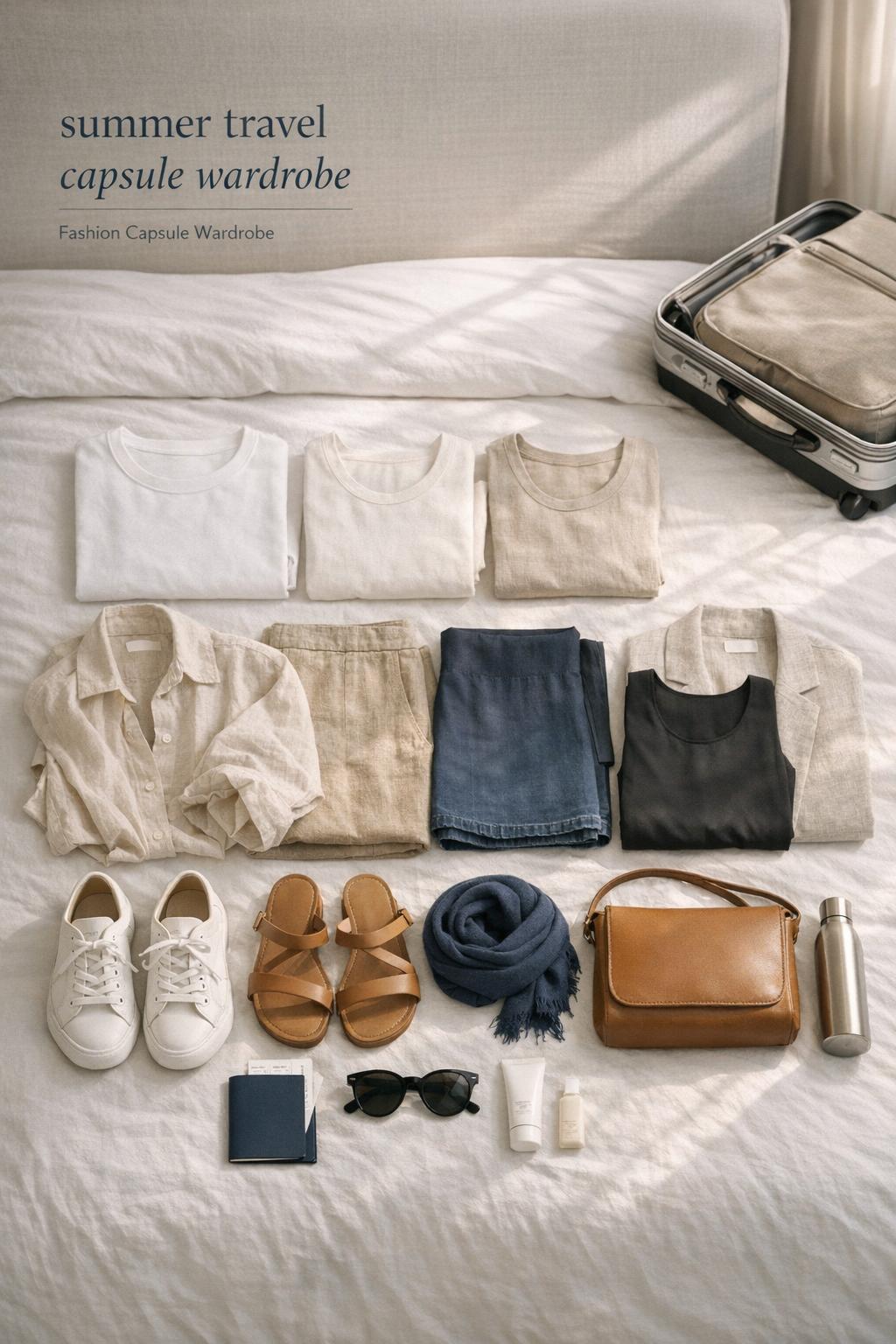 Summer travel capsule wardrobe flat lay on bed with neutral outfits, shoes, suitcase and passport in soft morning light