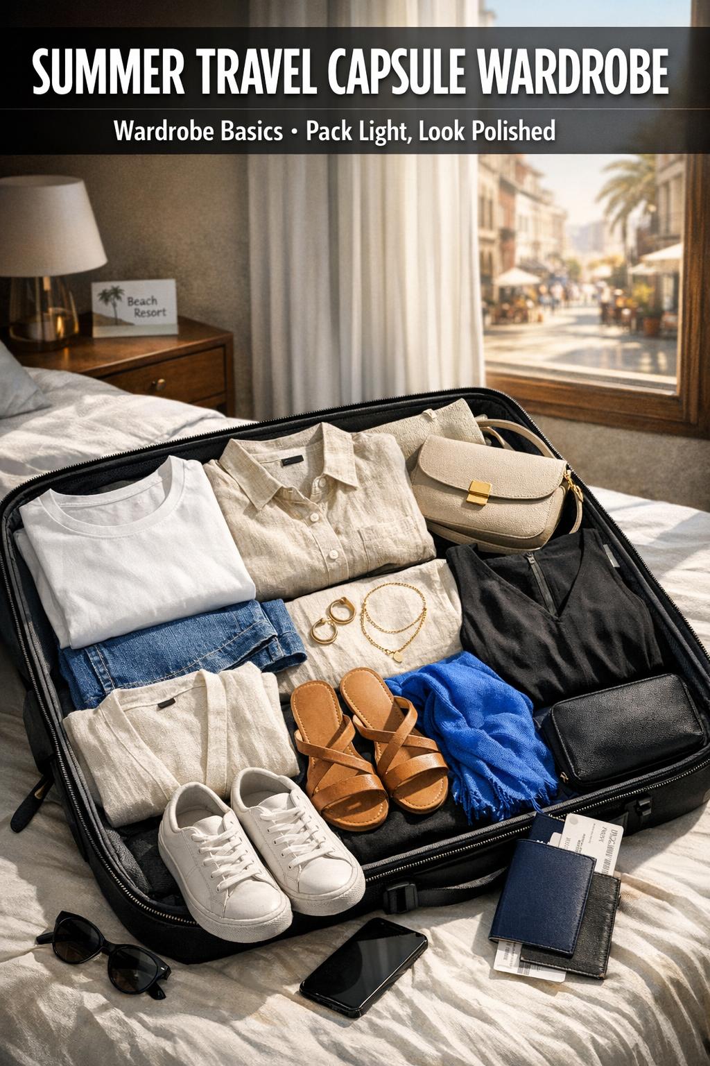 Summer travel capsule wardrobe laid out with lightweight outfits, sandals, and accessories for a minimalist vacation