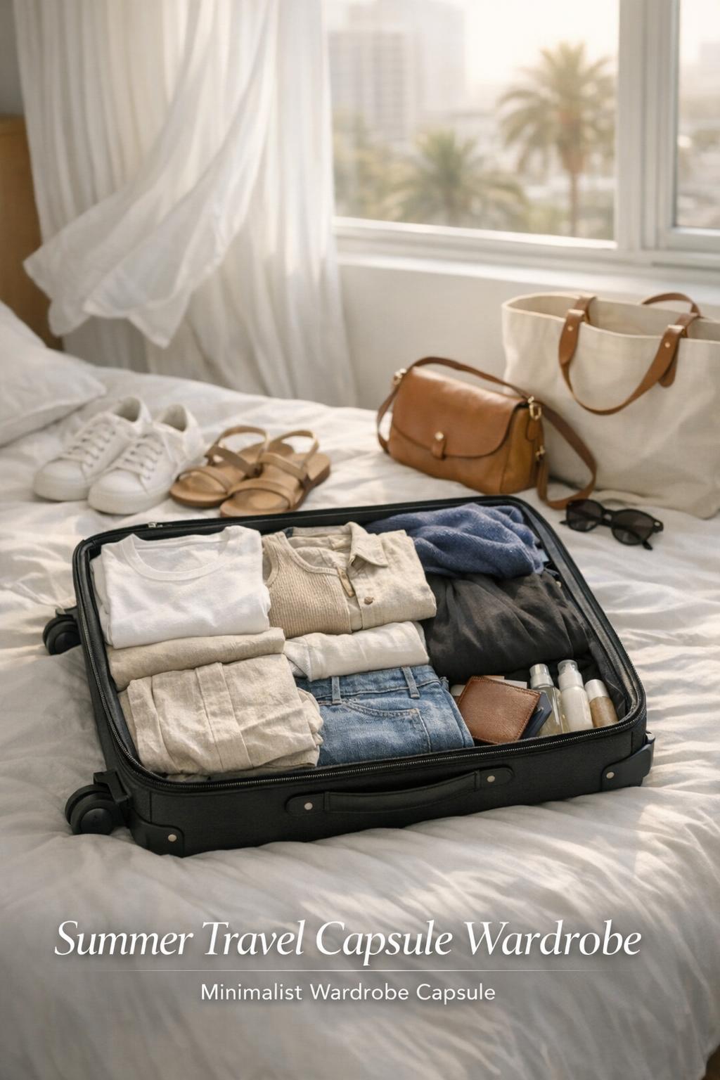 Summer travel capsule wardrobe neatly packed in an open carry-on suitcase on a white bed by a sunny window