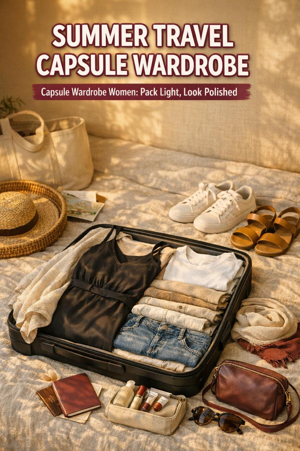 Summer travel capsule wardrobe packing scene with open suitcase on linen bed, neutral outfits, sneakers, sandals, passport.