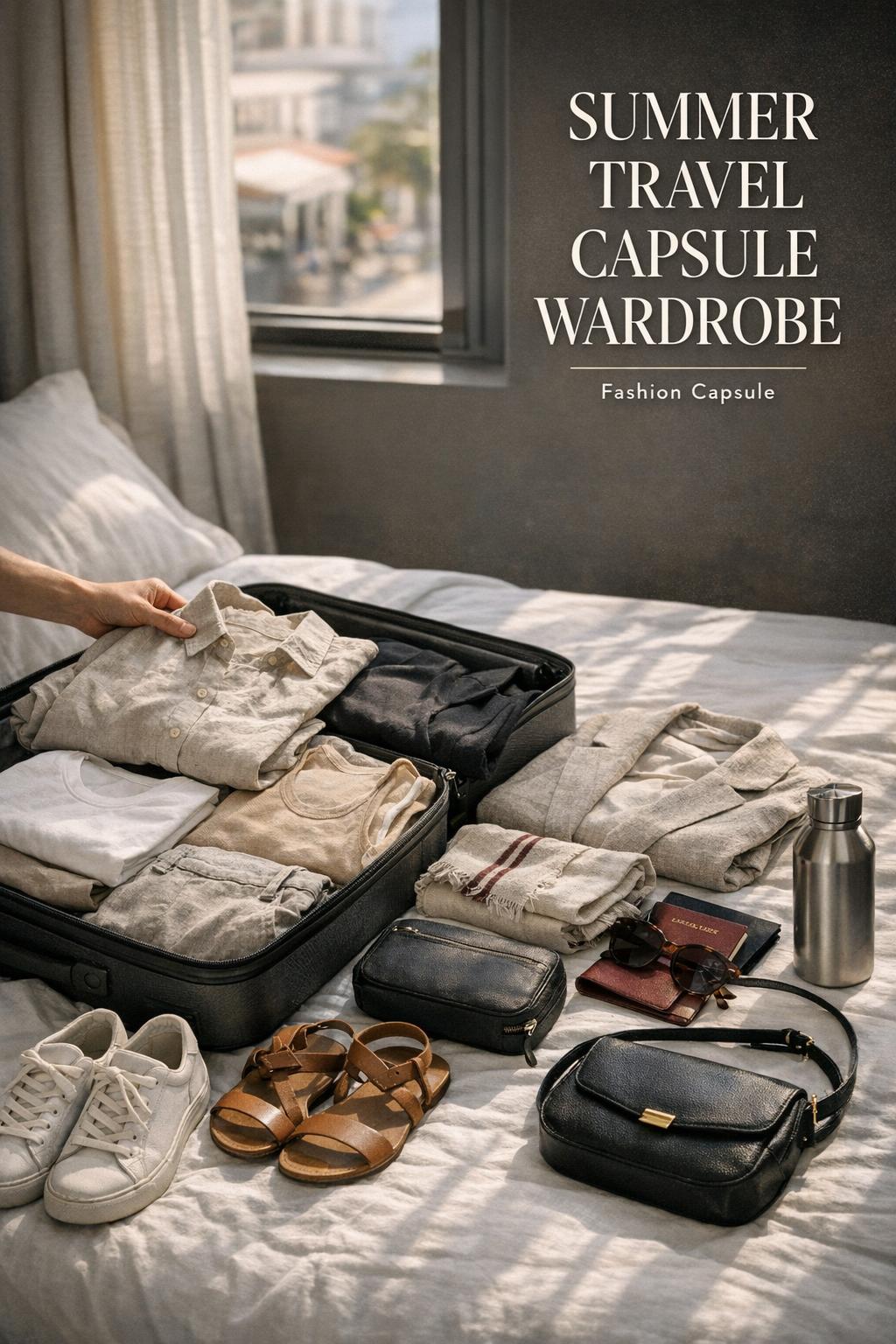 Summer travel capsule wardrobe packing scene with open suitcase on white bed, neutral outfits, shoes and passport by window