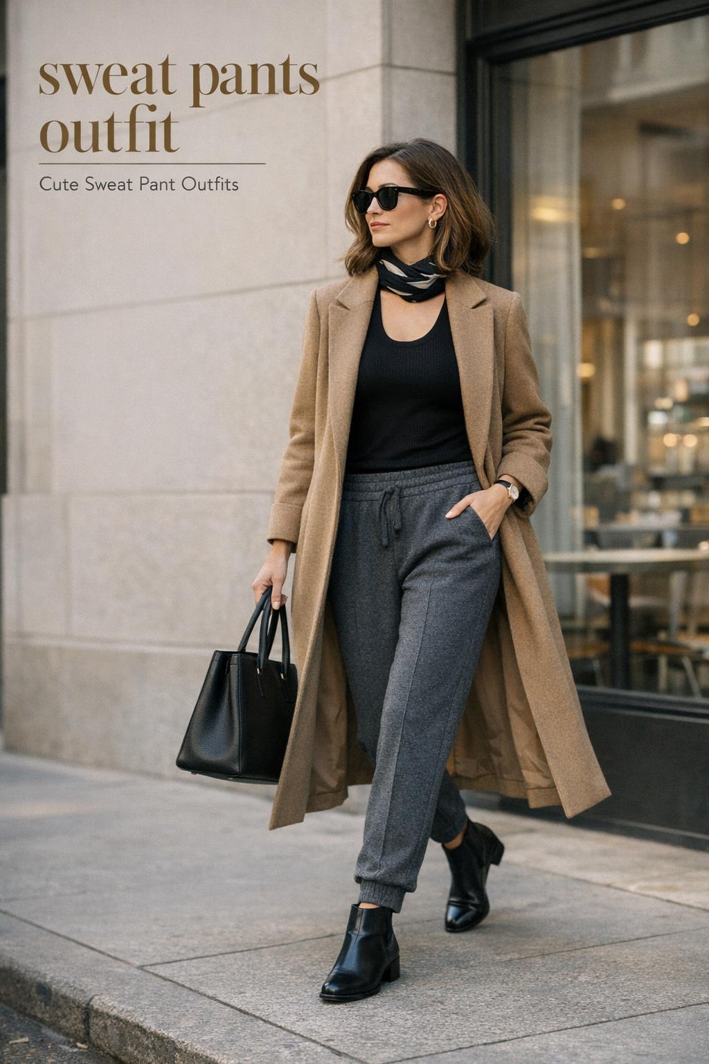 Stylish woman in a sweat pants outfit with camel wool coat and black ankle boots outside a modern Manhattan cafe