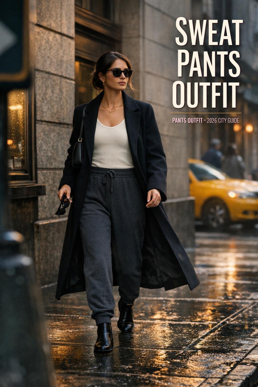 Sweat pants outfit street style: woman in charcoal joggers and black coat walking in Manhattan morning light with cafe backdrop