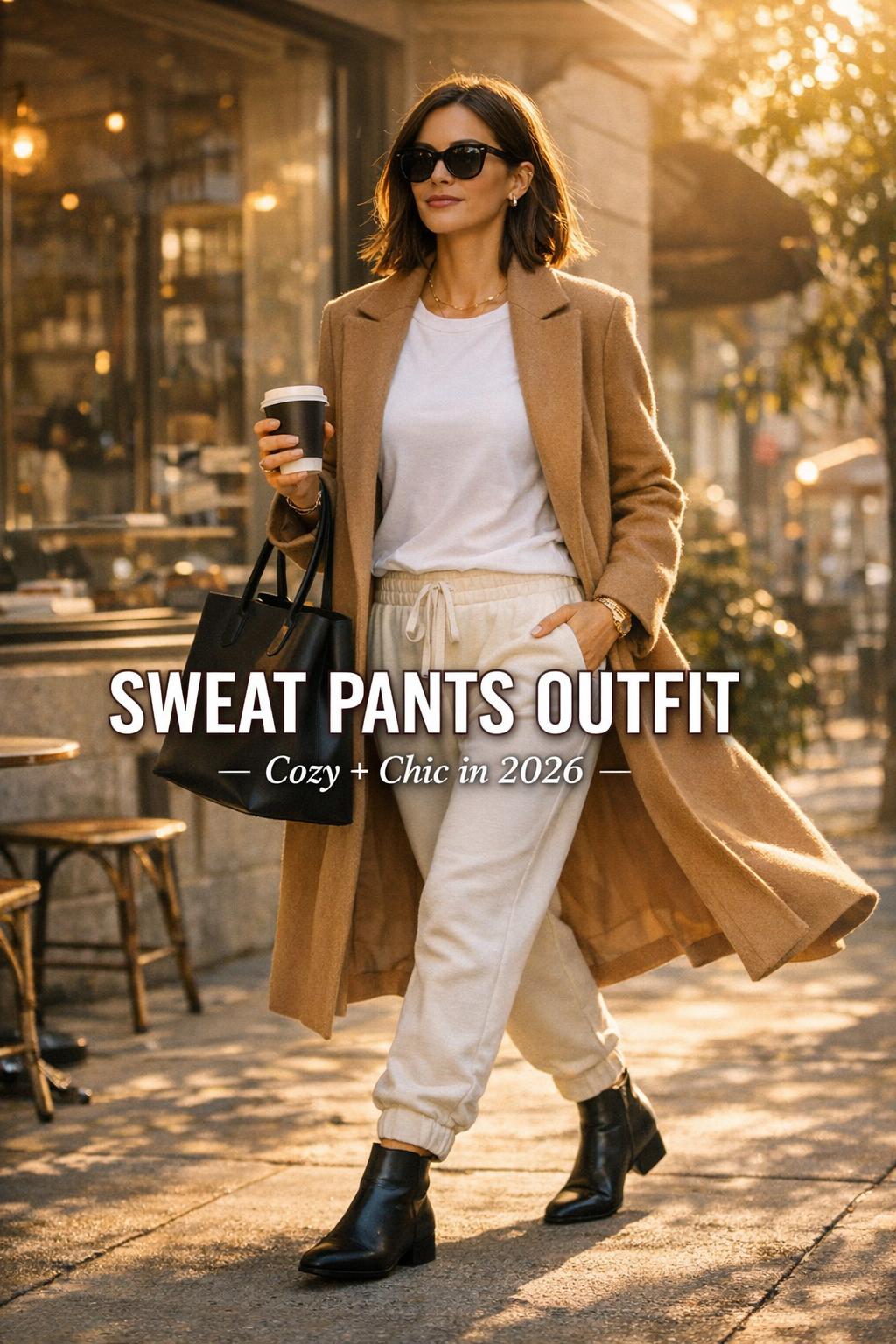 Sweat pants outfit street style: woman in cream joggers, white tee and camel coat outside a chic café at golden hour