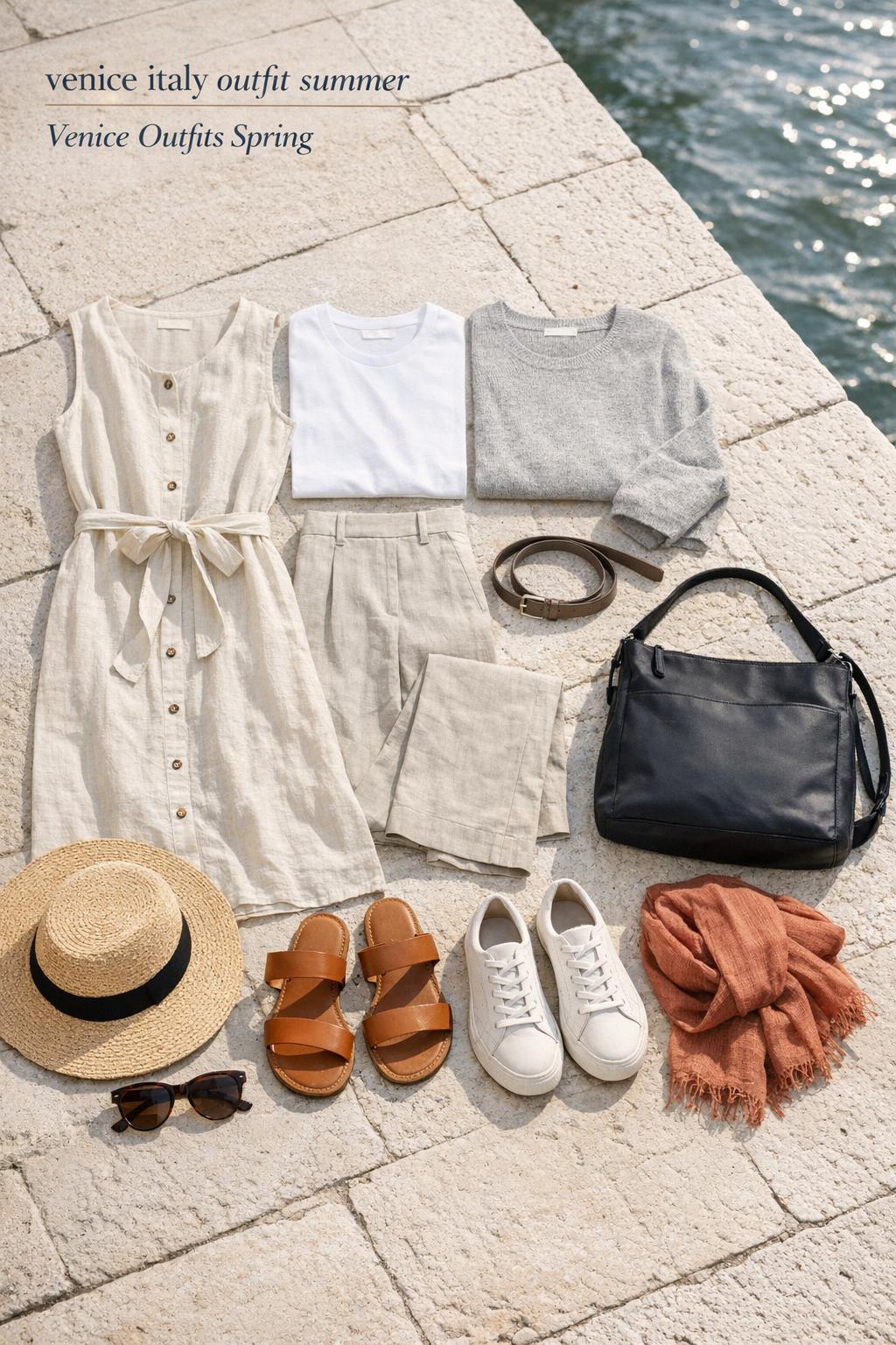 Venice italy outfit summer flat lay with linen dress, trousers, sandals, straw hat, sunglasses and tote on sunlit stone