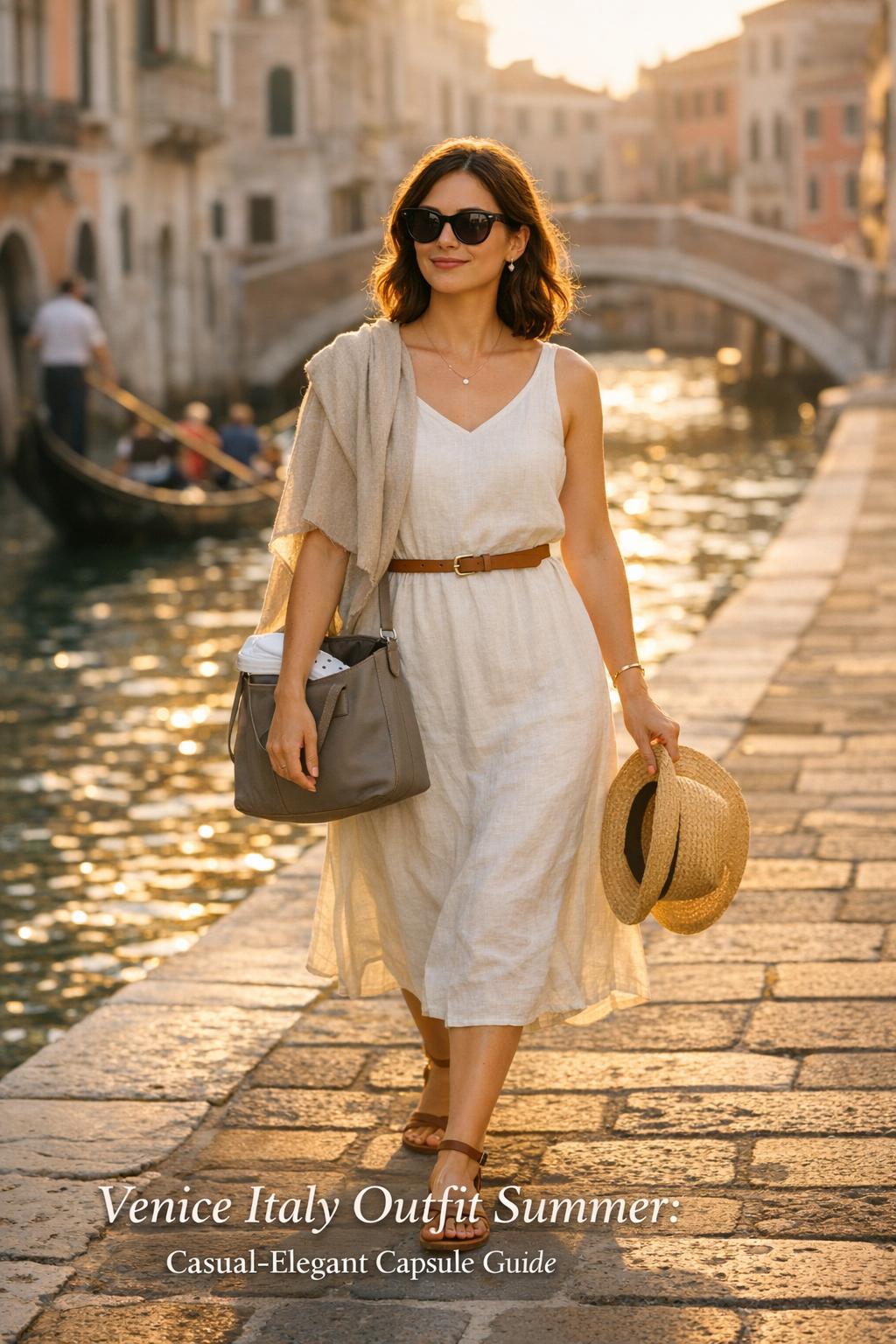 Venice Italy outfit summer: stylish woman in ivory linen dress walking by a sunlit canal at golden hour