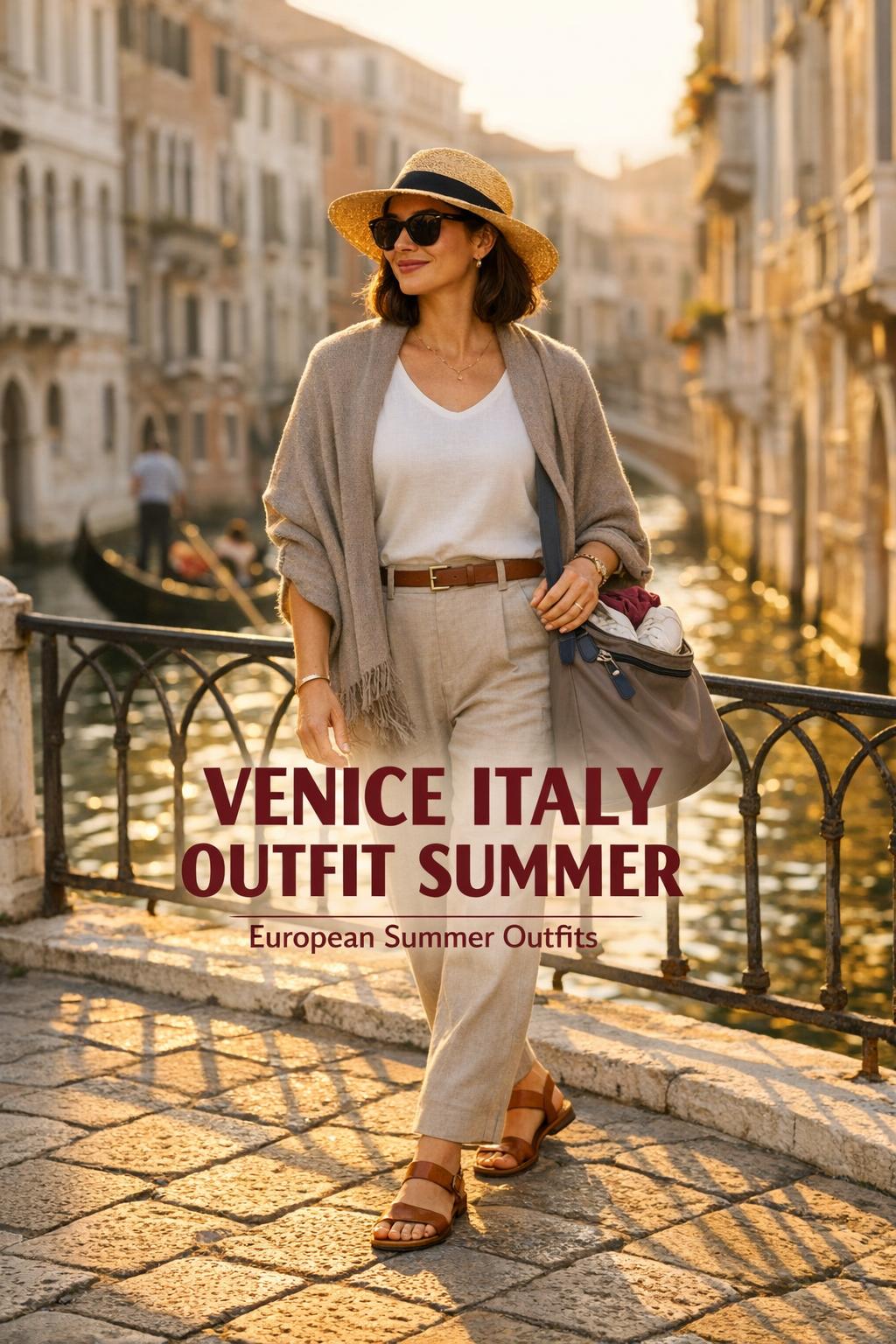 Venice Italy outfit summer traveler in linen dress on stone canal bridge at golden hour with gondola and warm sunlight