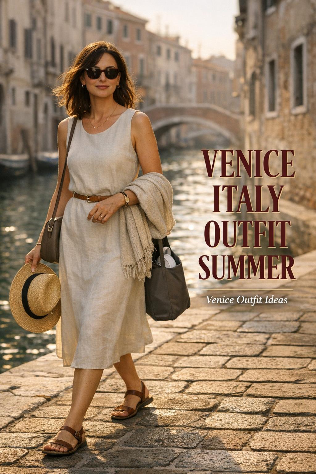 Venice Italy outfit summer: stylish woman in linen midi dress walking a sunlit canal-side walkway at golden hour