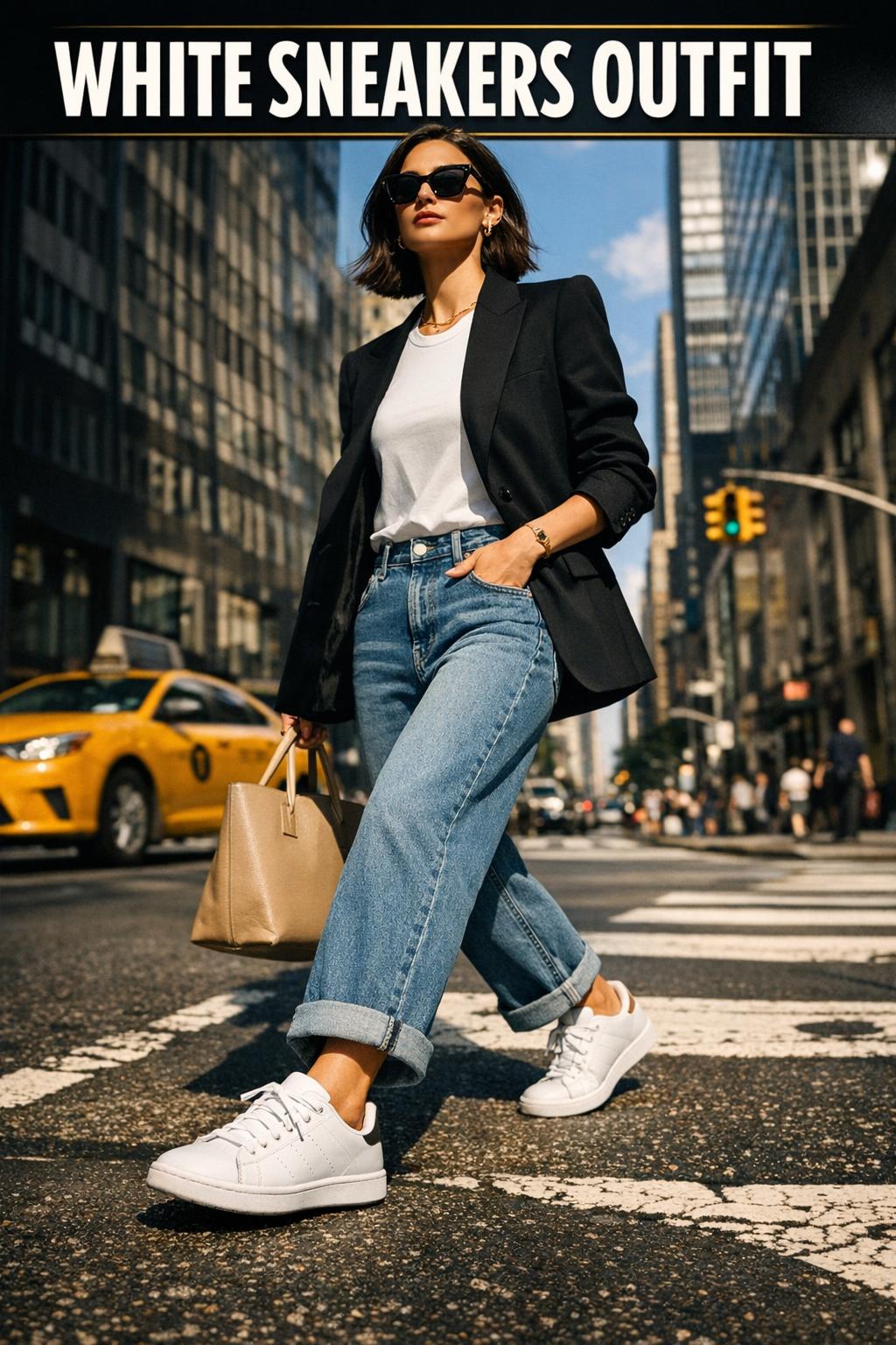 White sneakers outfit styled with casual streetwear for an everyday look